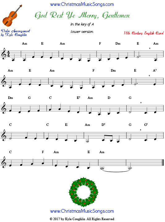 God Rest Ye Merry, Gentlemen for violin in a lower range, arranged to play along with strings, woodwinds, and brass.
