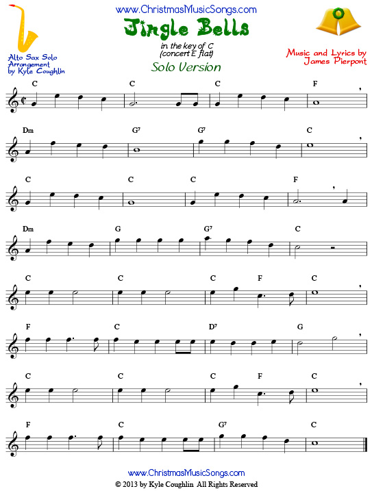 Jingle Bells solo sheet music for alto saxophone.