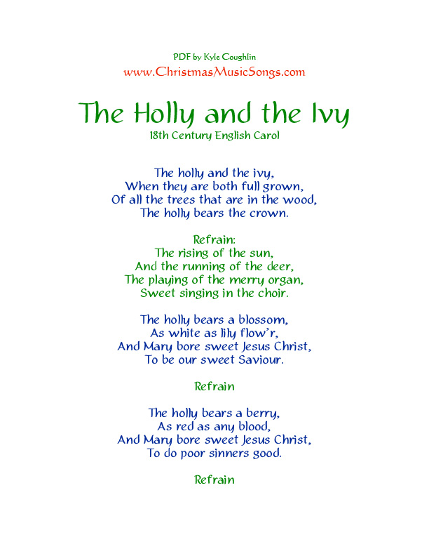 Printable PDF of the lyrics to The Holly and the Ivy