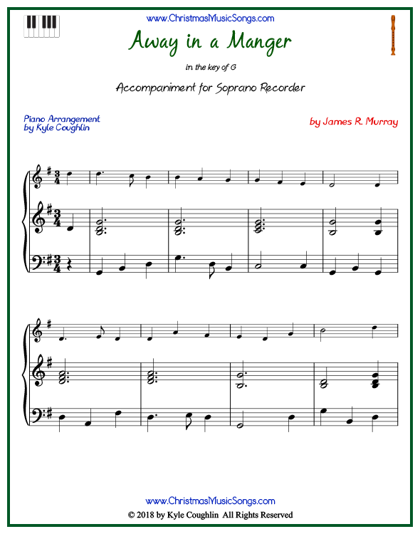 Away in a Manger piano accompaniment to play along with the soprano recorder arrangement on www.ChristmasMusicSongs.com. Free printable PDF.