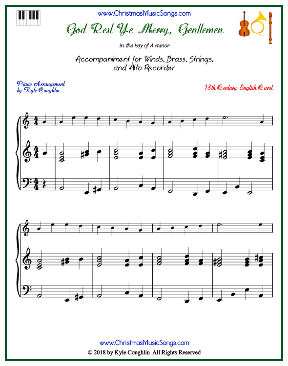 God Rest Ye Merry, Gentlemen piano accompaniment to play along with all wind, brass, strings, and alto recorder arrangements on www.ChristmasMusicSongs.com. Free printable PDF.