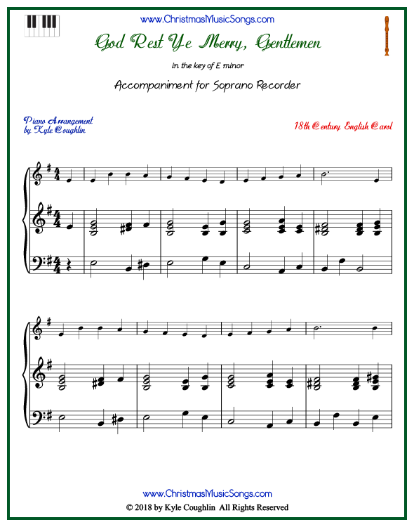 God Rest Ye Merry, Gentlemen piano accompaniment to play along with the soprano recorder arrangement on www.ChristmasMusicSongs.com. Free printable PDF.