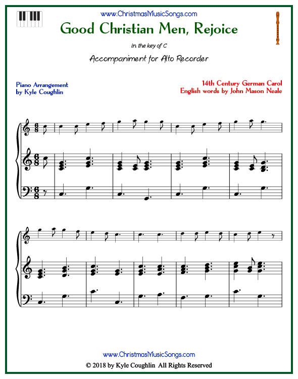 Good Christian Men, Rejoice piano accompaniment to play along with the alto recorder arrangement on www.ChristmasMusicSongs.com. Free printable PDF.