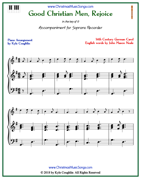 Good Christian Men, Rejoice piano accompaniment to play along with the soprano recorder arrangement on www.ChristmasMusicSongs.com. Free printable PDF.
