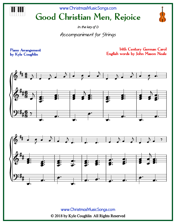 Good Christian Men, Rejoice piano accompaniment to play along with all string and soprano recorder arrangements on www.ChristmasMusicSongs.com. Free printable PDF.