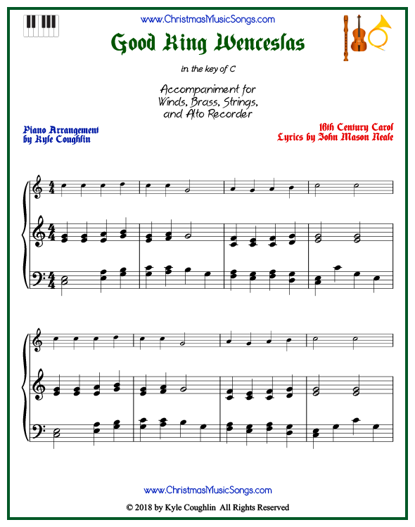 Good King Wenceslas piano accompaniment to play along with all wind, brass, strings, and alto recorder arrangements on www.ChristmasMusicSongs.com. Free printable PDF.