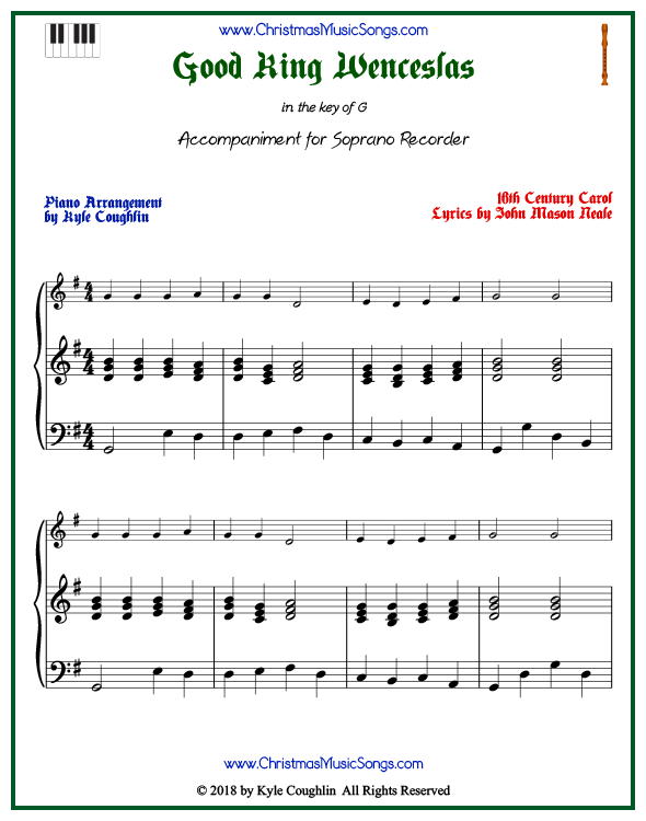 Good King Wenceslas piano accompaniment to play along with the soprano recorder arrangement on www.ChristmasMusicSongs.com. Free printable PDF.
