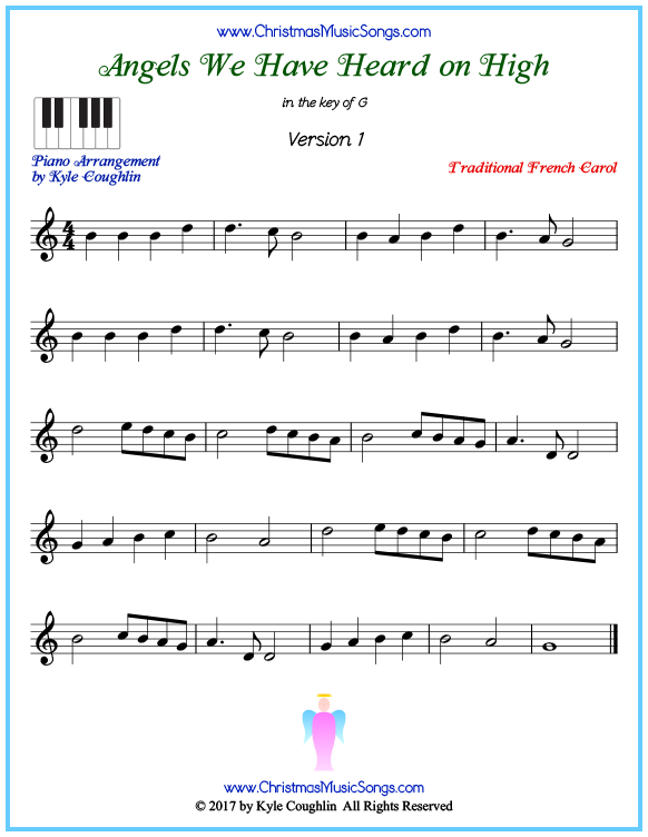 Beginner version of piano sheet music for Angels We Have Heard on High