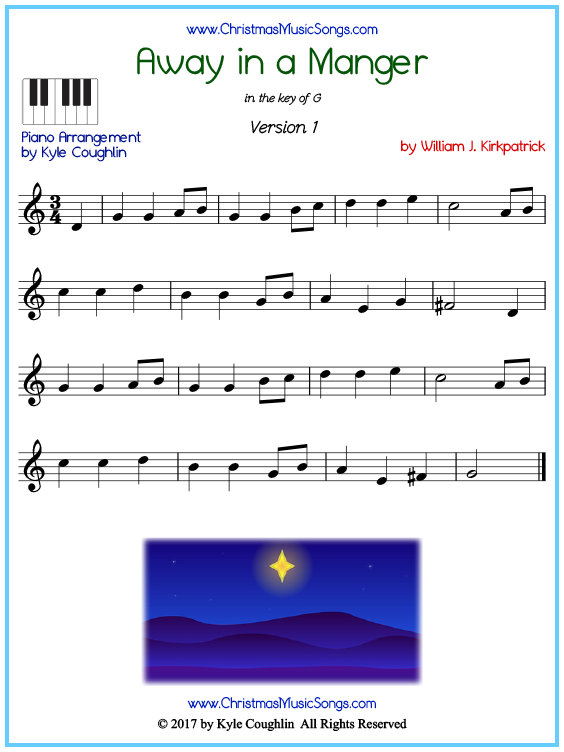 Beginner version of piano sheet music for Away in a Manger by Kirkpatrick