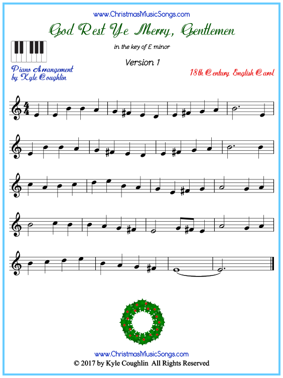 Beginner version of piano sheet music for God Rest Ye Merry, Gentlemen