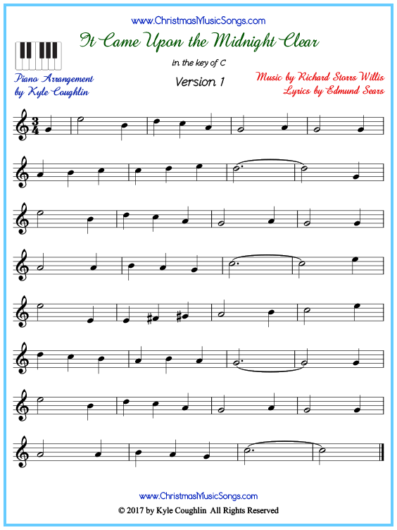 Beginner version of piano sheet music for It Came Upon the Midnight Clear