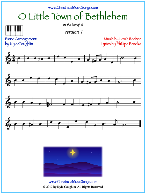 Beginner version of piano sheet music for O Little Town of Bethlehem