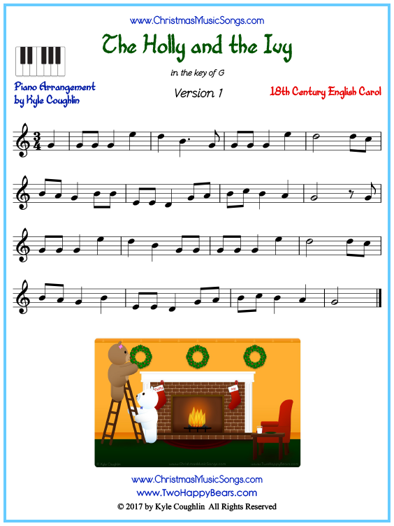 Beginner version of piano sheet music for The Holly and the Ivy