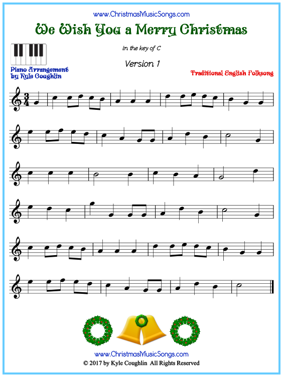 Beginner version of piano sheet music for We Wish You a Merry Christmas