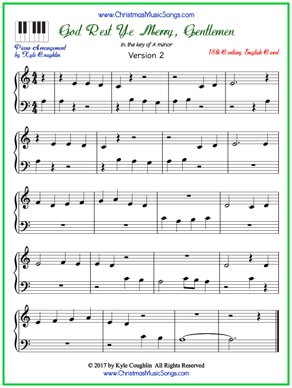 Easy version of piano sheet music for God Rest Ye Merry, Gentlemen