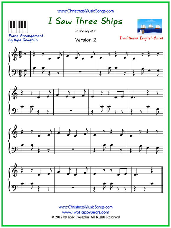 Easy version of piano sheet music for I Saw Three Ships