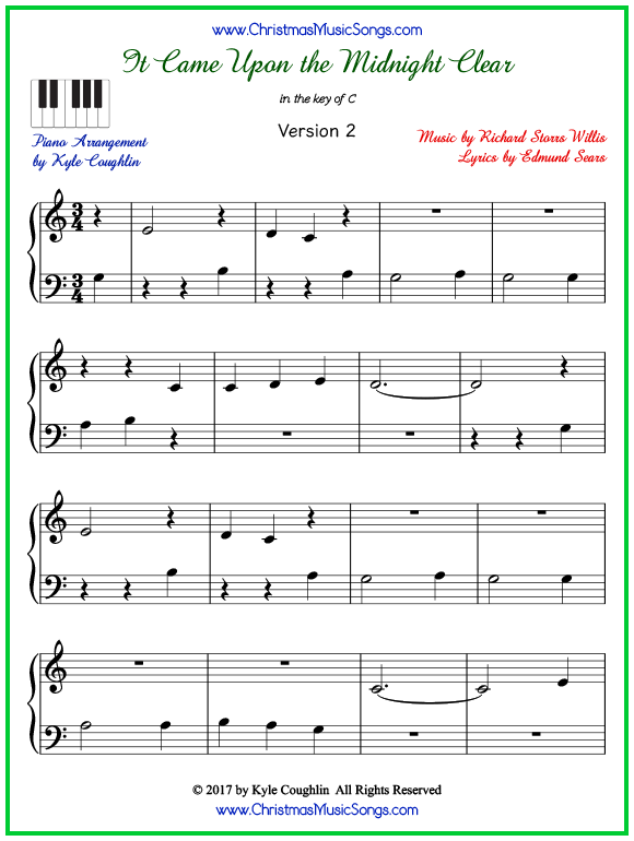 Easy version of piano sheet music for It Came Upon the Midnight Clear
