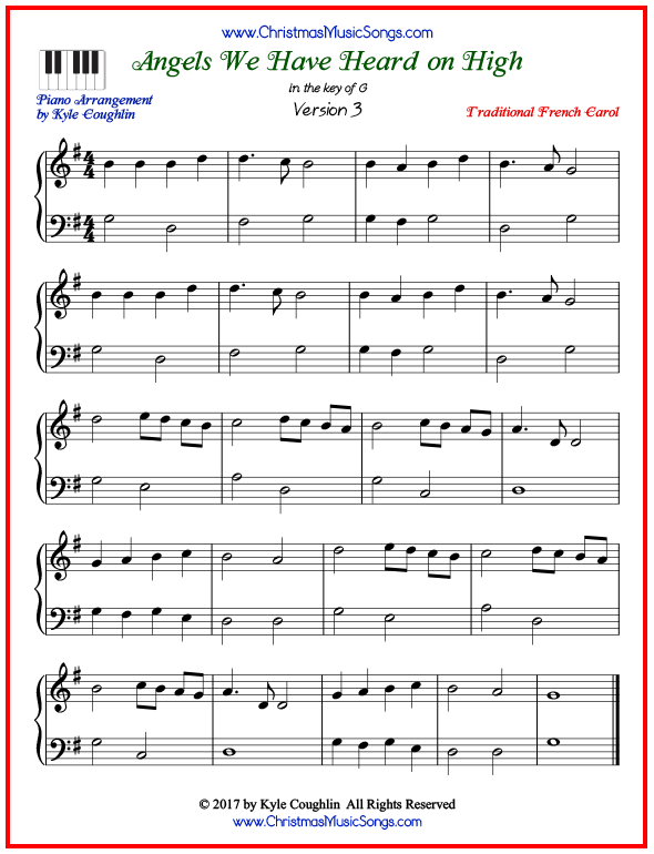 Simple version of piano sheet music for Angels We Have Heard on High