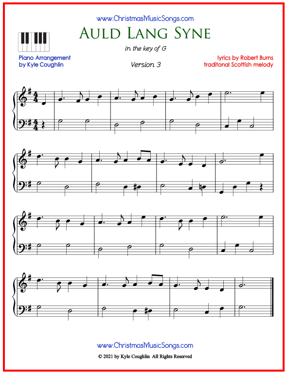Simple version of piano sheet music for Auld Lang Syne