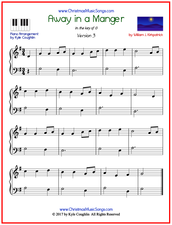 Simple version of piano sheet music for Away in a Manger by Kirkpatrick