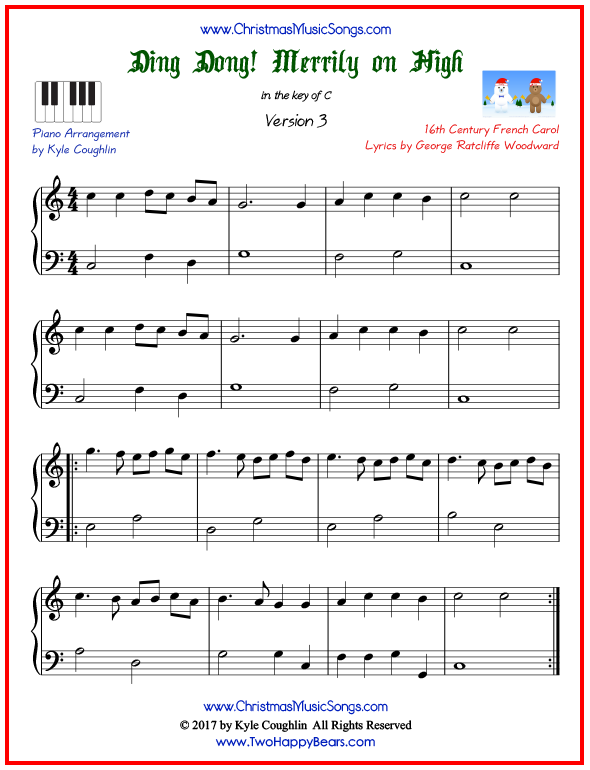 Simple version of piano sheet music for Ding Dong! Merrily on High