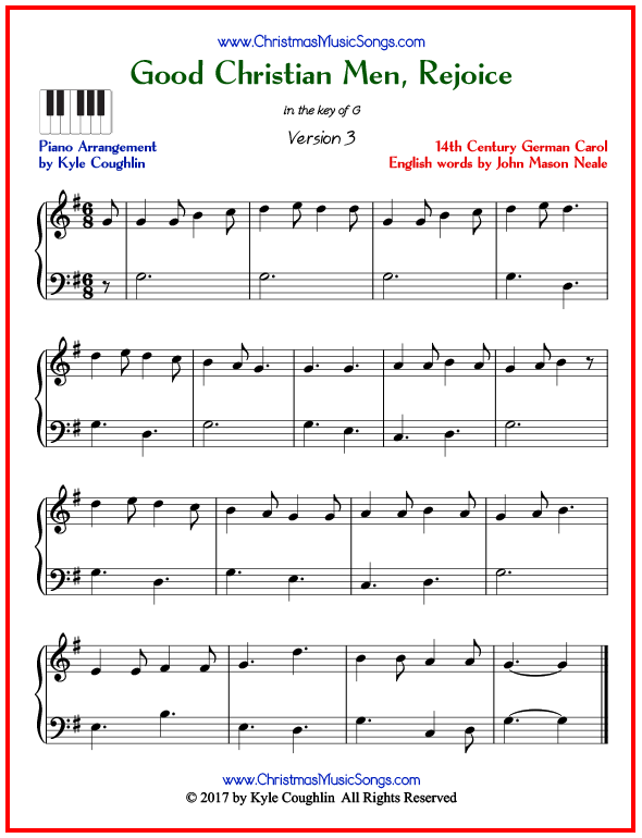 Simple version of piano sheet music for Good Christian Men, Rejoice