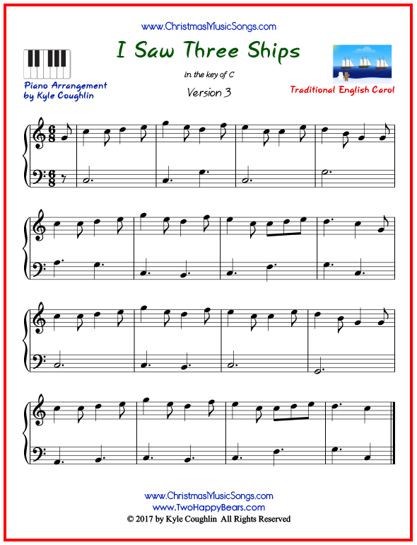 Simple version of piano sheet music for I Saw Three Ships