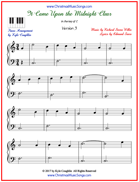 Simple version of piano sheet music for It Came Upon the Midnight Clear