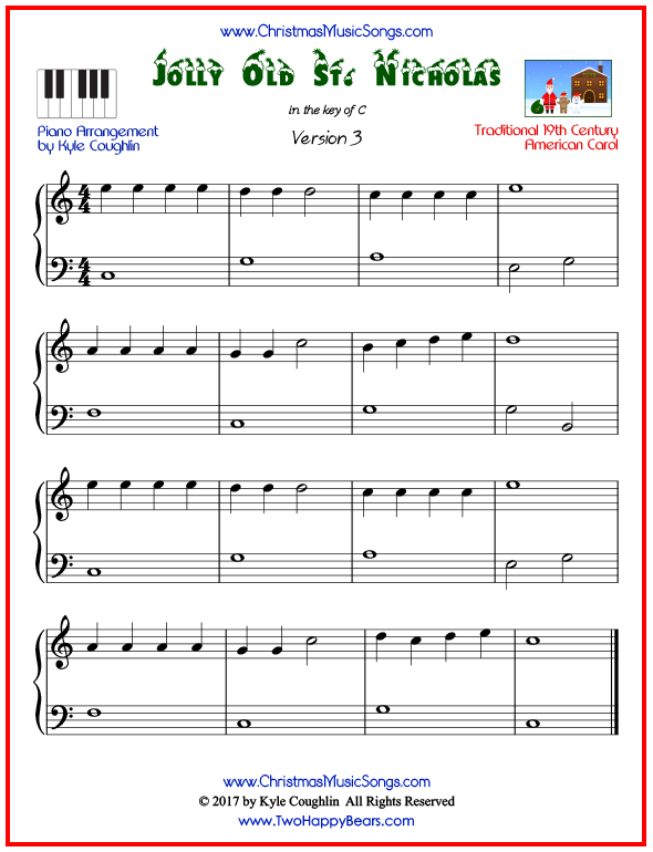 Simple version of piano sheet music for Jolly Old Saint Nicholas