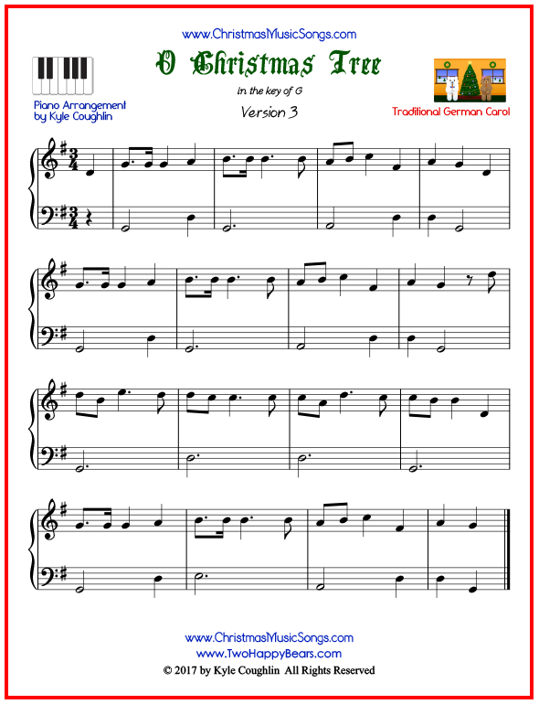 Simple version of piano sheet music for O Christmas Tree