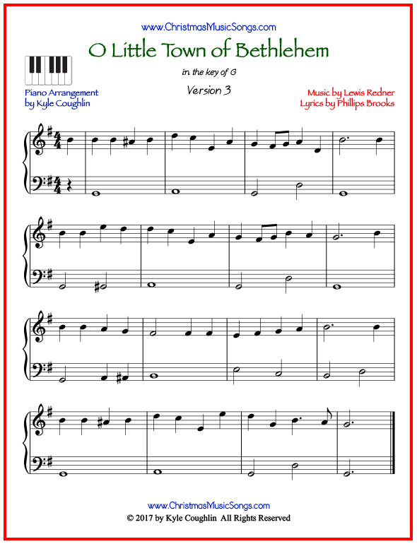 Simple version of piano sheet music for O Little Town of Bethlehem