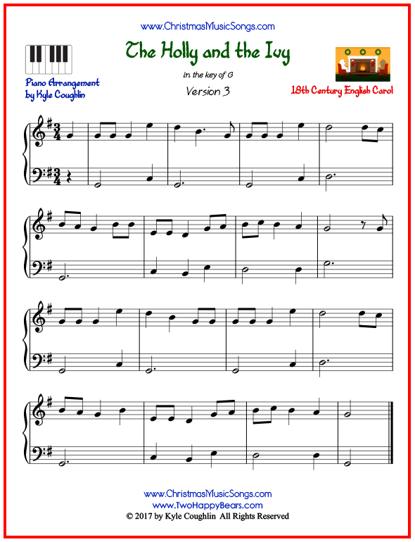 Simple version of piano sheet music for The Holly and the Ivy