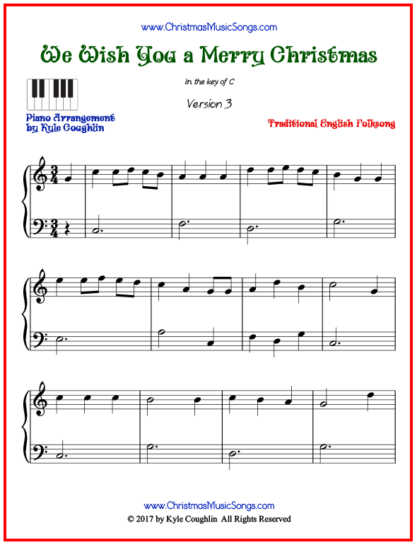Simple version of piano sheet music for We Wish You a Merry Christmas