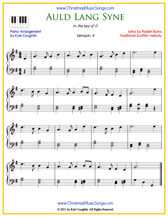 Auld Lang Syne intermediate piano sheet music. Free printable PDF at www.ChristmasMusicSongs.com