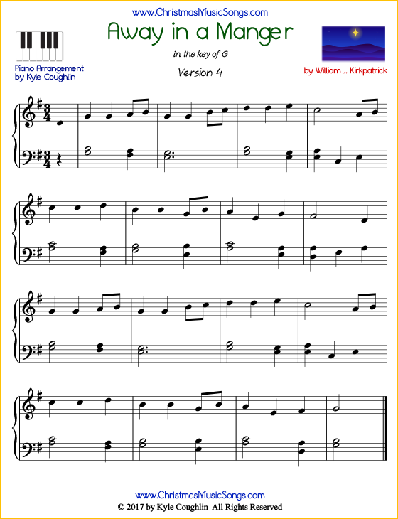 Intermediate version of piano sheet music for Away in a Manger by William J. Kirkpatrick.  Free printable PDF.
