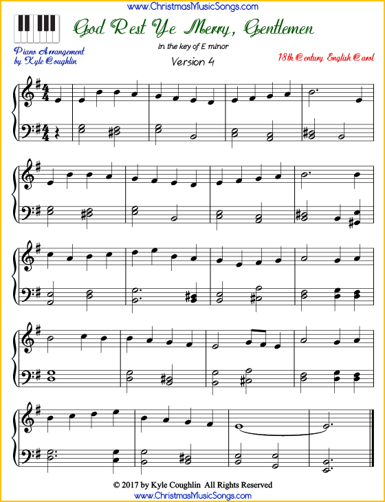 God Rest Ye Merry, Gentlemen intermediate piano sheet music. Free printable PDF at www.ChristmasMusicSongs.com