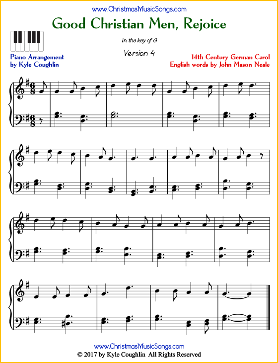 Good Christian Men, Rejoice intermediate piano sheet music. Free printable PDF at www.ChristmasMusicSongs.com