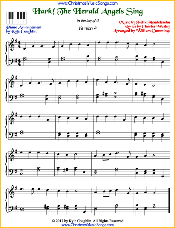 Hark! The Herald Angels Sing intermediate piano sheet music. Free printable PDF at www.ChristmasMusicSongs.com