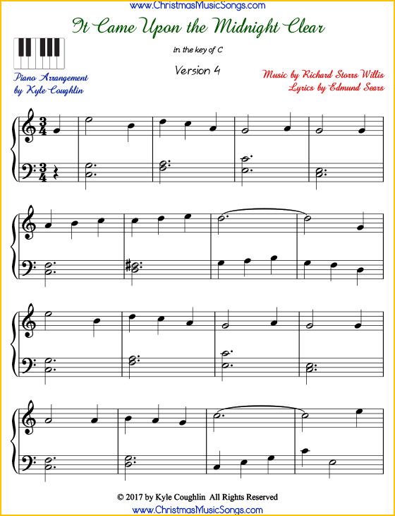 It Came Upon the Midnight Clear intermediate piano sheet music. Free printable PDF at www.ChristmasMusicSongs.com