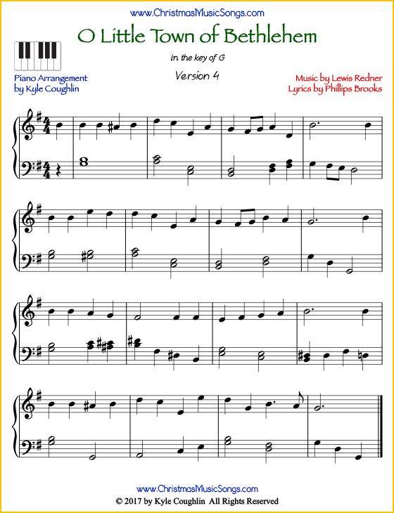 O Little Town of Bethlehem intermediate piano sheet music. Free printable PDF at www.ChristmasMusicSongs.com
