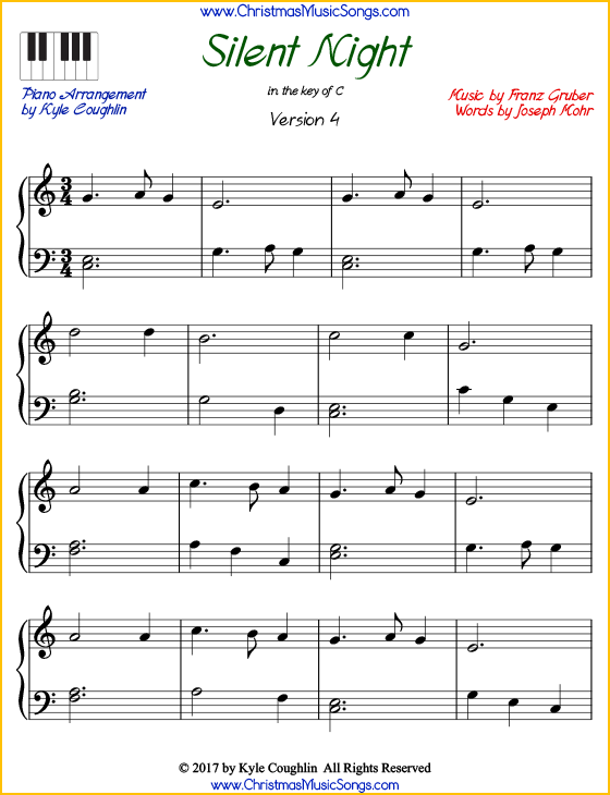 Silent Night intermediate piano sheet music. Free printable PDF at www.ChristmasMusicSongs.com