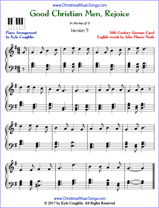 Good Christian Men, Rejoice advanced piano sheet music. Free printable PDF at www.ChristmasMusicSongs.com