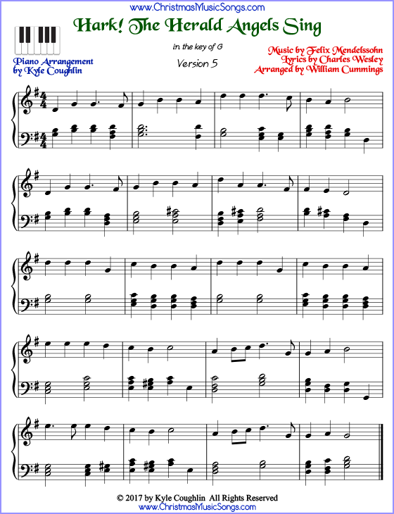 Hark! The Herald Angels Sing advanced piano sheet music. Free printable PDF at www.ChristmasMusicSongs.com
