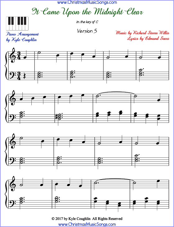 It Came Upon the Midnight Clear advanced piano sheet music. Free printable PDF at www.ChristmasMusicSongs.com