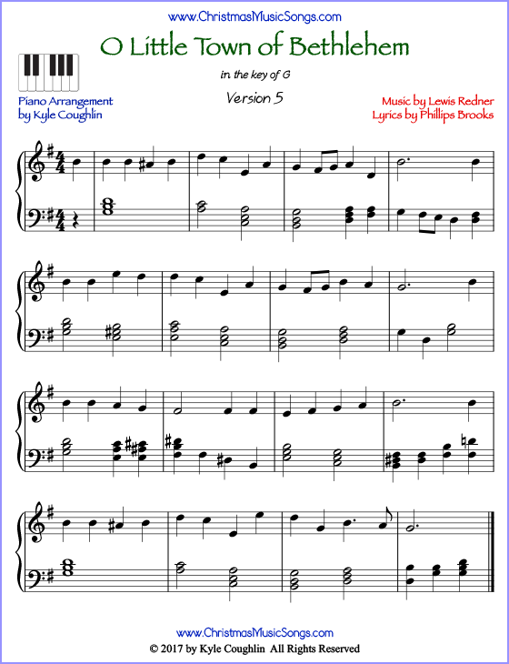 O Little Town of Bethlehem advanced piano sheet music. Free printable PDF at www.ChristmasMusicSongs.com