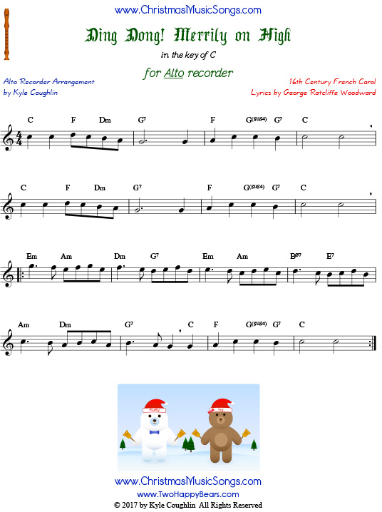 The Christmas carol Ding Dong! Merrily on High, arranged for alto recorder in the key of C.