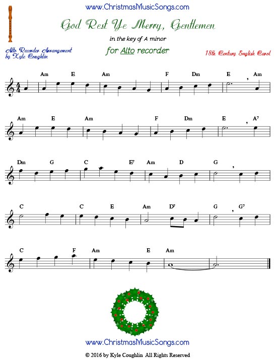 God Rest Ye Merry Gentlemen for alto recorder in the key of A minor.