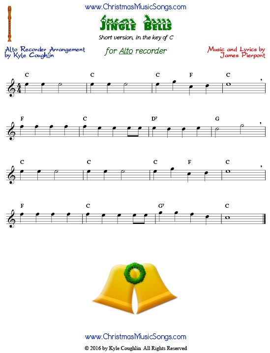 Short, easy version of Jingle Bells for alto recorder, in the key of C.