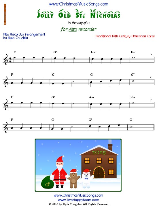 Jolly Old St. Nicholas for alto recorder in the key of C.