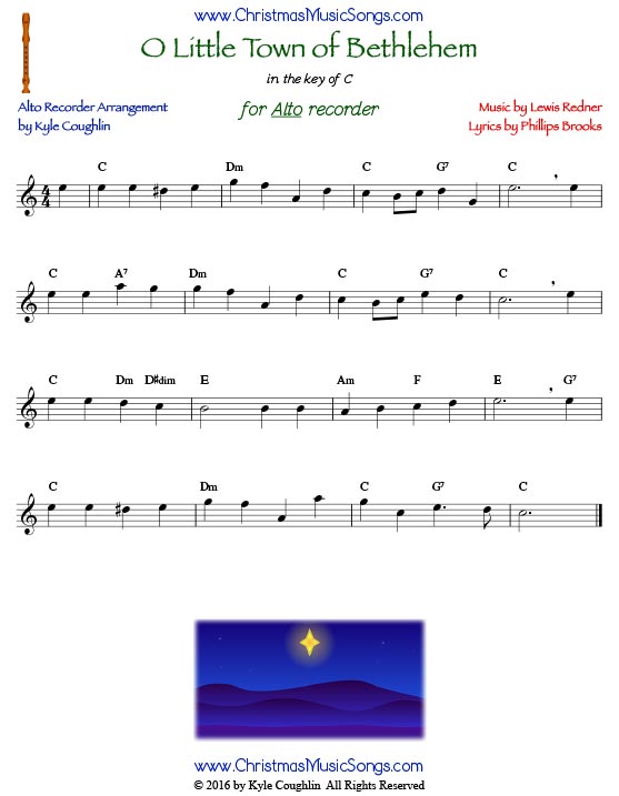 O Little Town of Bethlehem for alto recorder in the key of C.